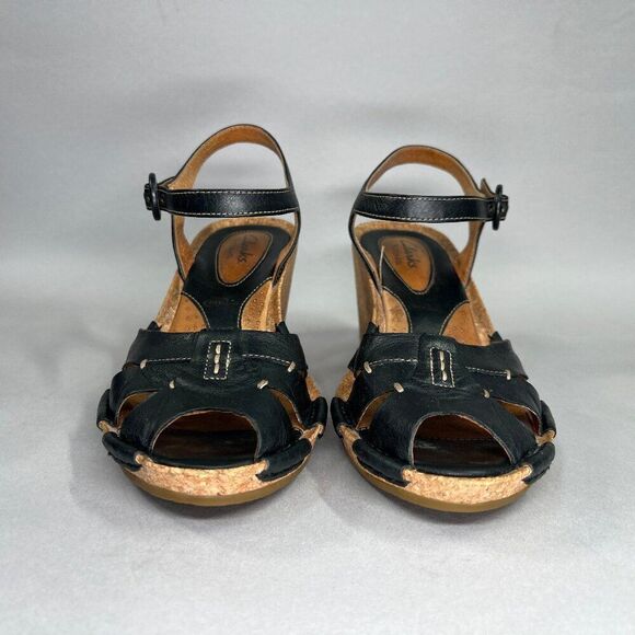 Clarks Artisan Sandals Women's Size 6 Black Leather Strappy Cork Wedge Heels - Picture 2 of 12